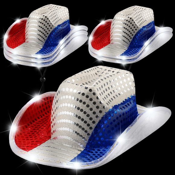 6 Pieces Light Up Red White And Blue Cowboy Hats 4th Of July American Flag😇